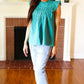 Love Life Cotton Turquoise Frill Mock Neck Flutter Sleeve Top - DAVERRI FASHIONS