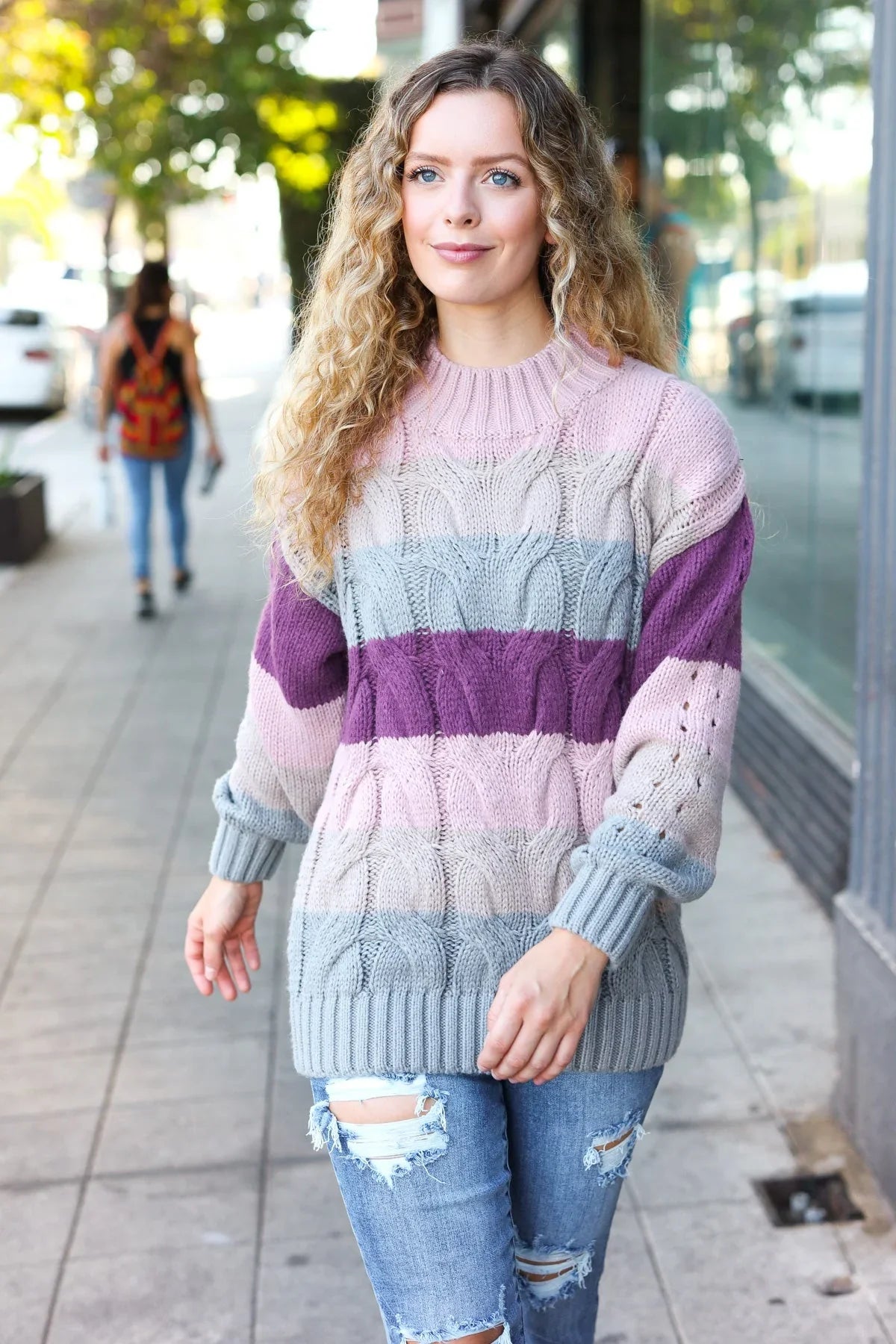 Fall For You Mauve Multicolor Stripe Cable Knit Mock Neck Sweater | 2024 Blow-Out Sale Daverri Fashions