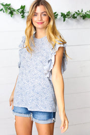 Washed Blue Floral Tiered Flutter Sleeve Top | Daverri Fashions