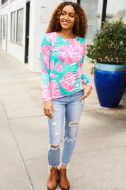 Find Love Aqua/Pink Fitted Floral Print Buttery Soft Knit Top | Daverri Fashions