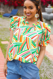 Hello Beautiful Green & Orange Geo Frill Notch Neck Puff Sleeve Top | 2024 Blow-Out Sale Daverri Fashions