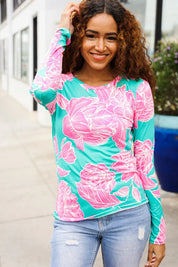Find Love Aqua/Pink Fitted Floral Print Buttery Soft Knit Top | Daverri Fashions