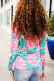 Find Love Aqua/Pink Fitted Floral Print Buttery Soft Knit Top | Daverri Fashions
