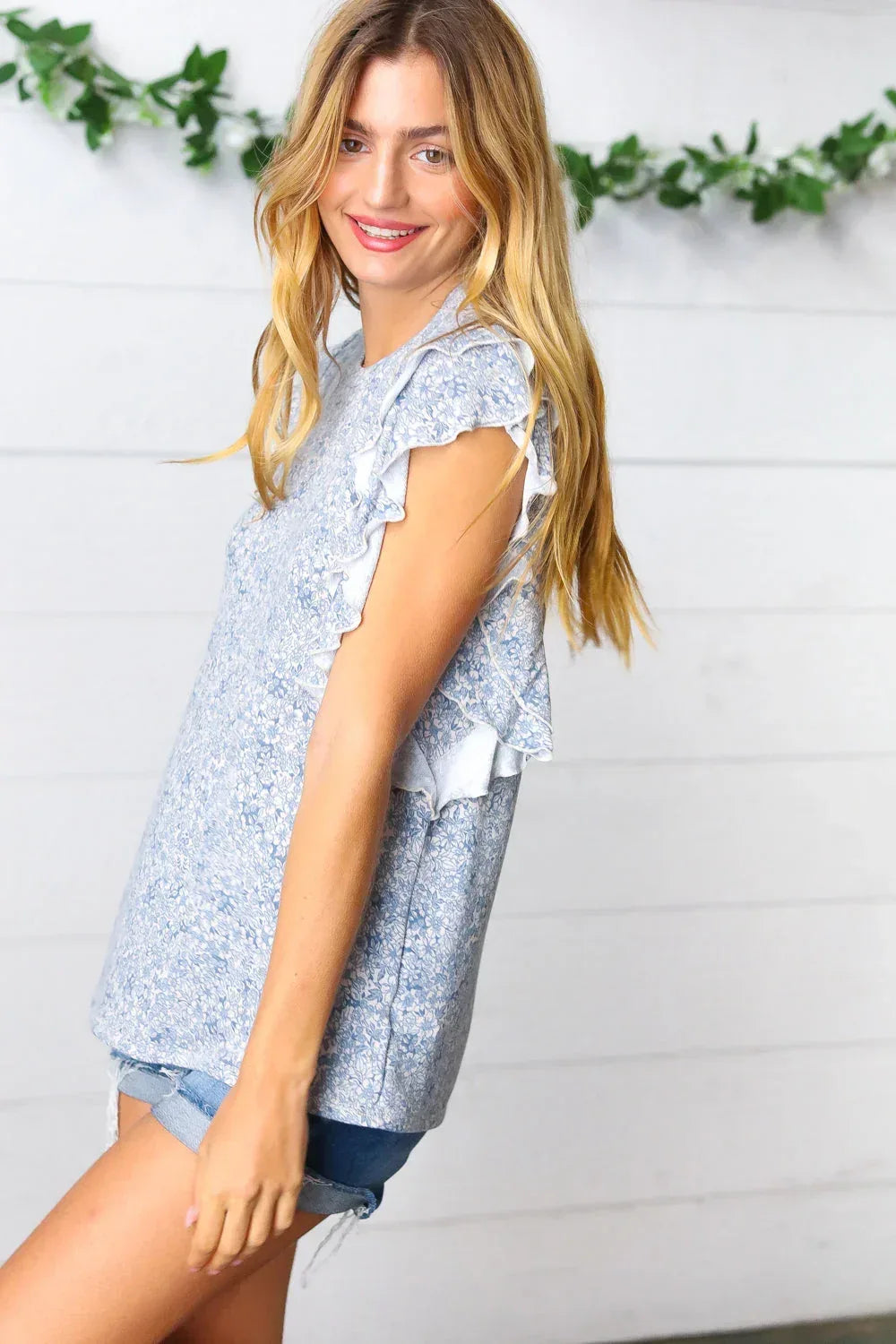 Washed Blue Floral Tiered Flutter Sleeve Top - DAVERRI FASHIONS