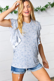 Washed Blue Floral Tiered Flutter Sleeve Top | Daverri Fashions