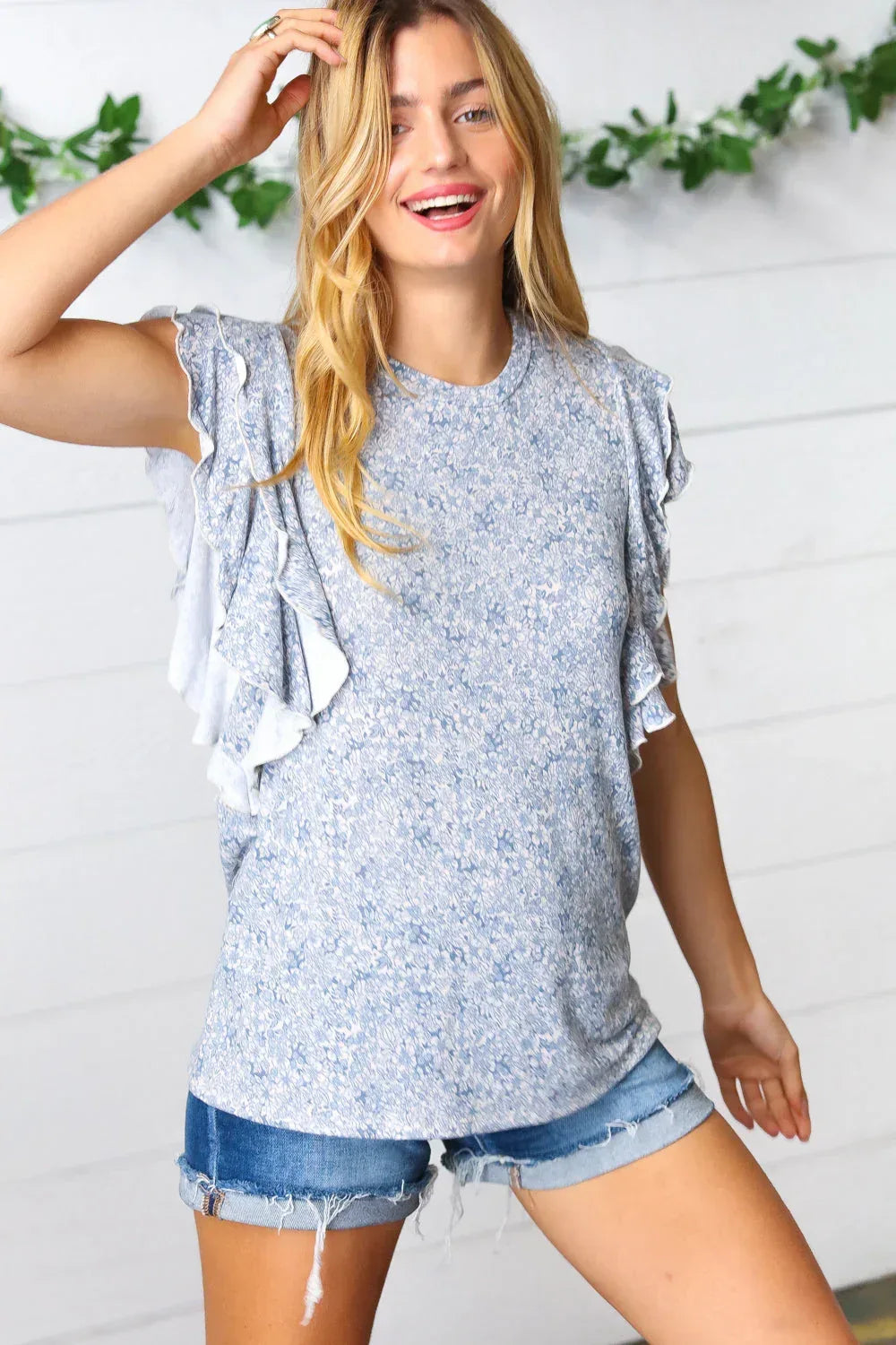 Washed Blue Floral Tiered Flutter Sleeve Top - DAVERRI FASHIONS