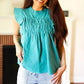 Love Life Cotton Turquoise Frill Mock Neck Flutter Sleeve Top - DAVERRI FASHIONS