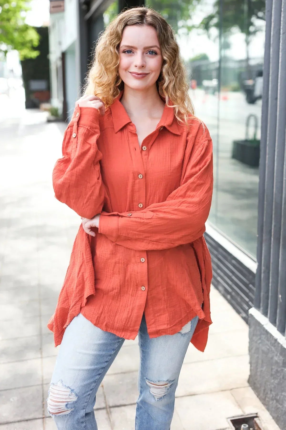 Everyday Rust Button Down Sharkbite Cotton Tunic Top - DAVERRI FASHIONS
