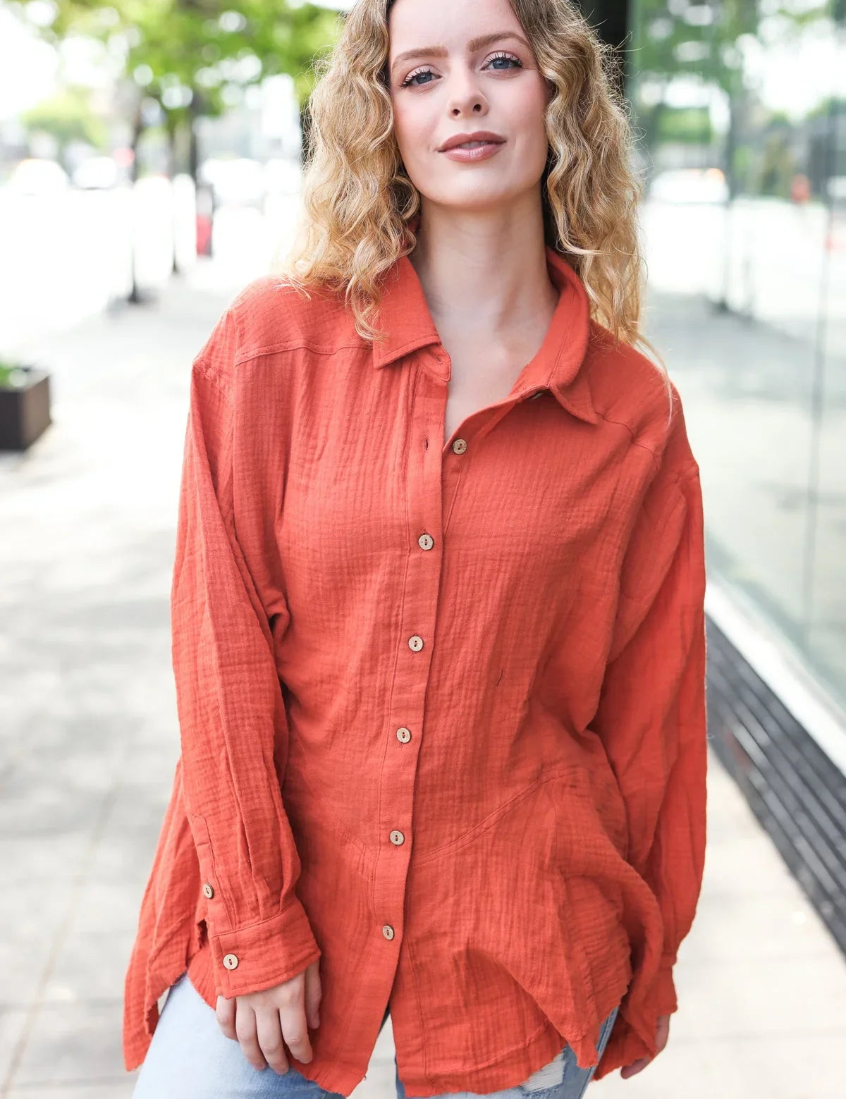 Everyday Rust Button Down Sharkbite Cotton Tunic Top | 2024 Blow-Out Sale Daverri Fashions