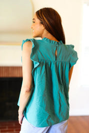 Love Life Cotton Turquoise Frill Mock Neck Flutter Sleeve Top | Daverri Fashions