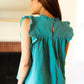Love Life Cotton Turquoise Frill Mock Neck Flutter Sleeve Top - DAVERRI FASHIONS
