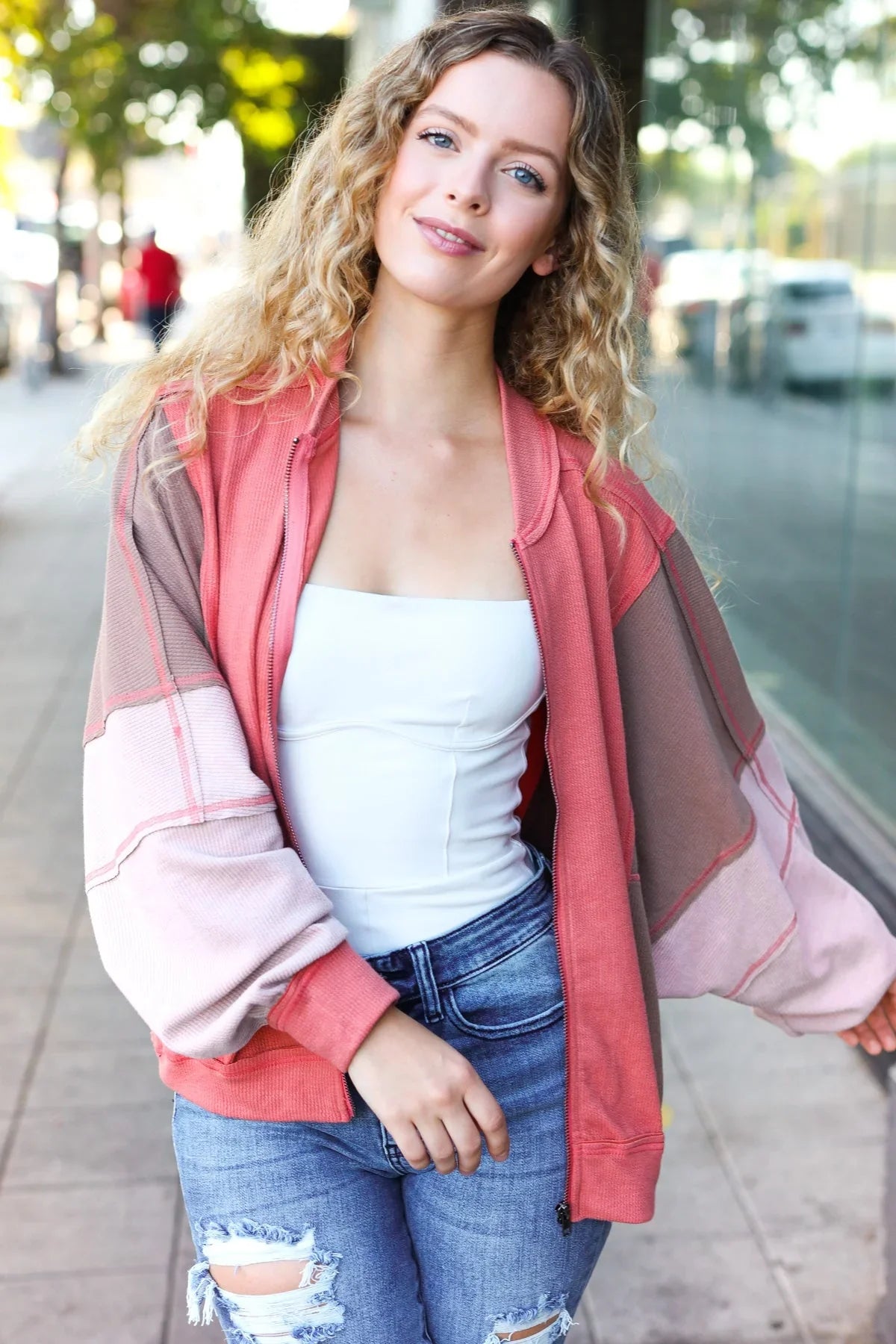 Boldy You Camel Dolman Sleeve Colorblock Knit Bomber Jacket | Daverri Fashions