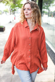 Everyday Rust Button Down Sharkbite Cotton Tunic Top | 2024 Blow-Out Sale Daverri Fashions