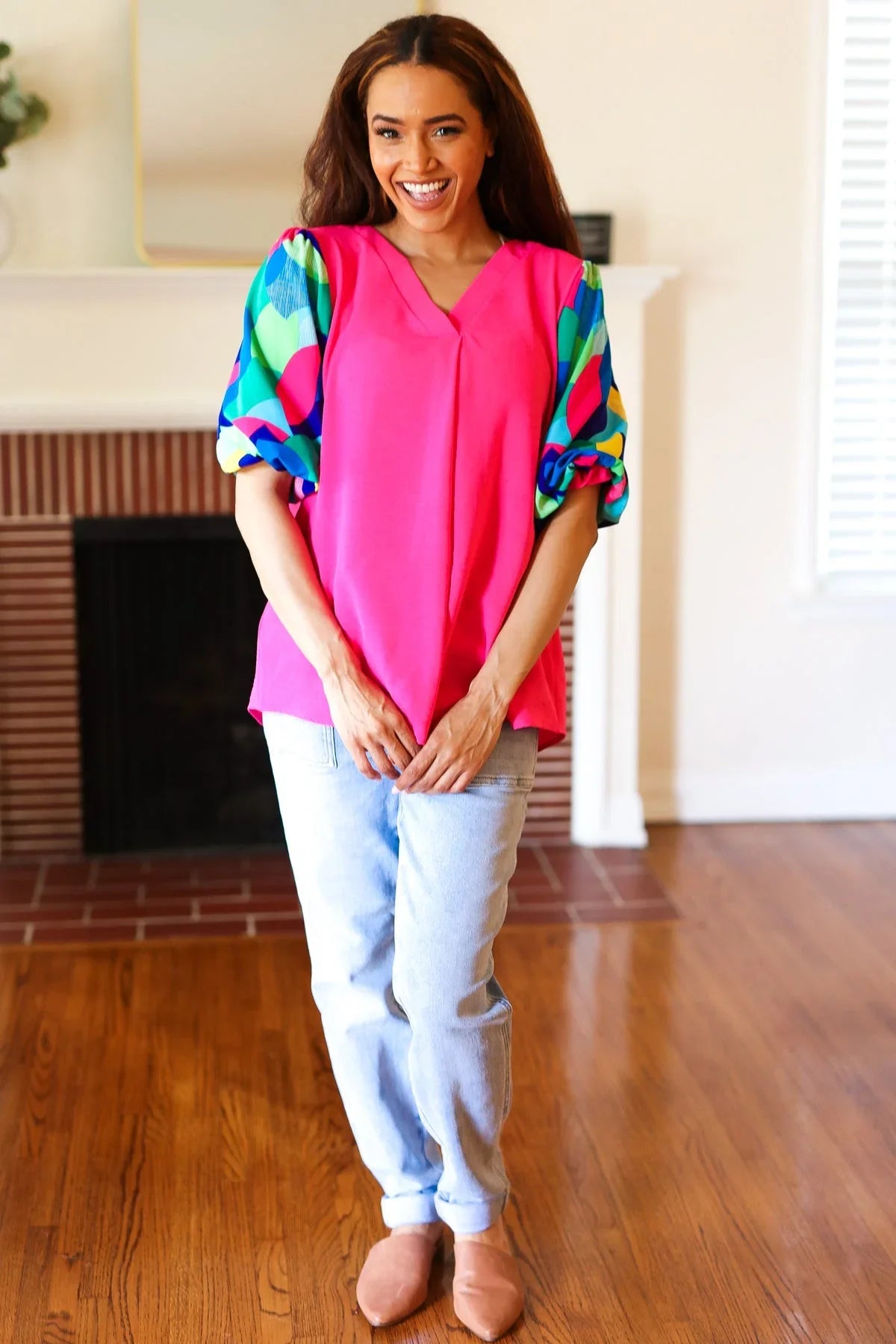 Tell Your Story Fuchsia Geo Print Puff Sleeve V Neck Top | 07-01-25 Summer Sale Daverri Fashions