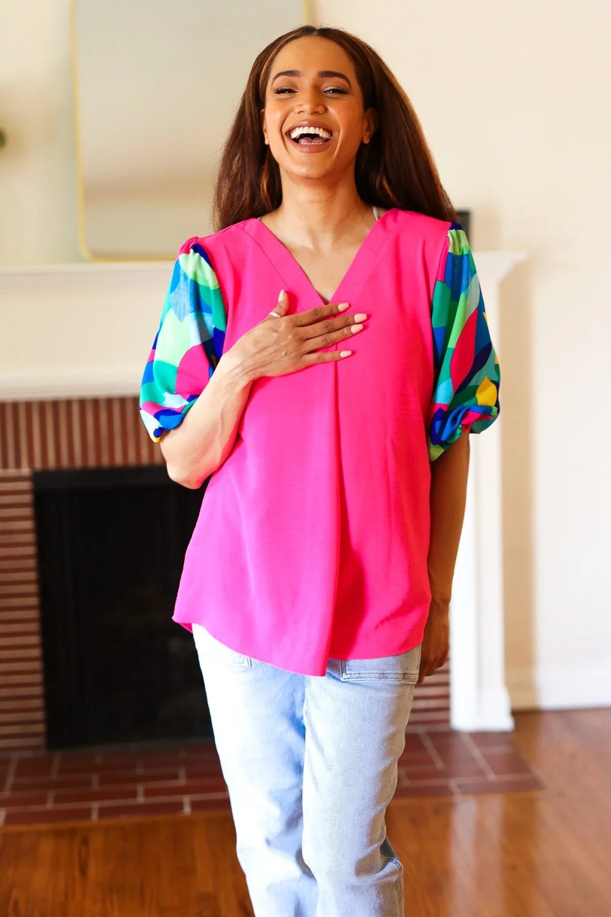 Tell Your Story Fuchsia Geo Print Puff Sleeve V Neck Top | 07-01-25 Summer Sale Daverri Fashions