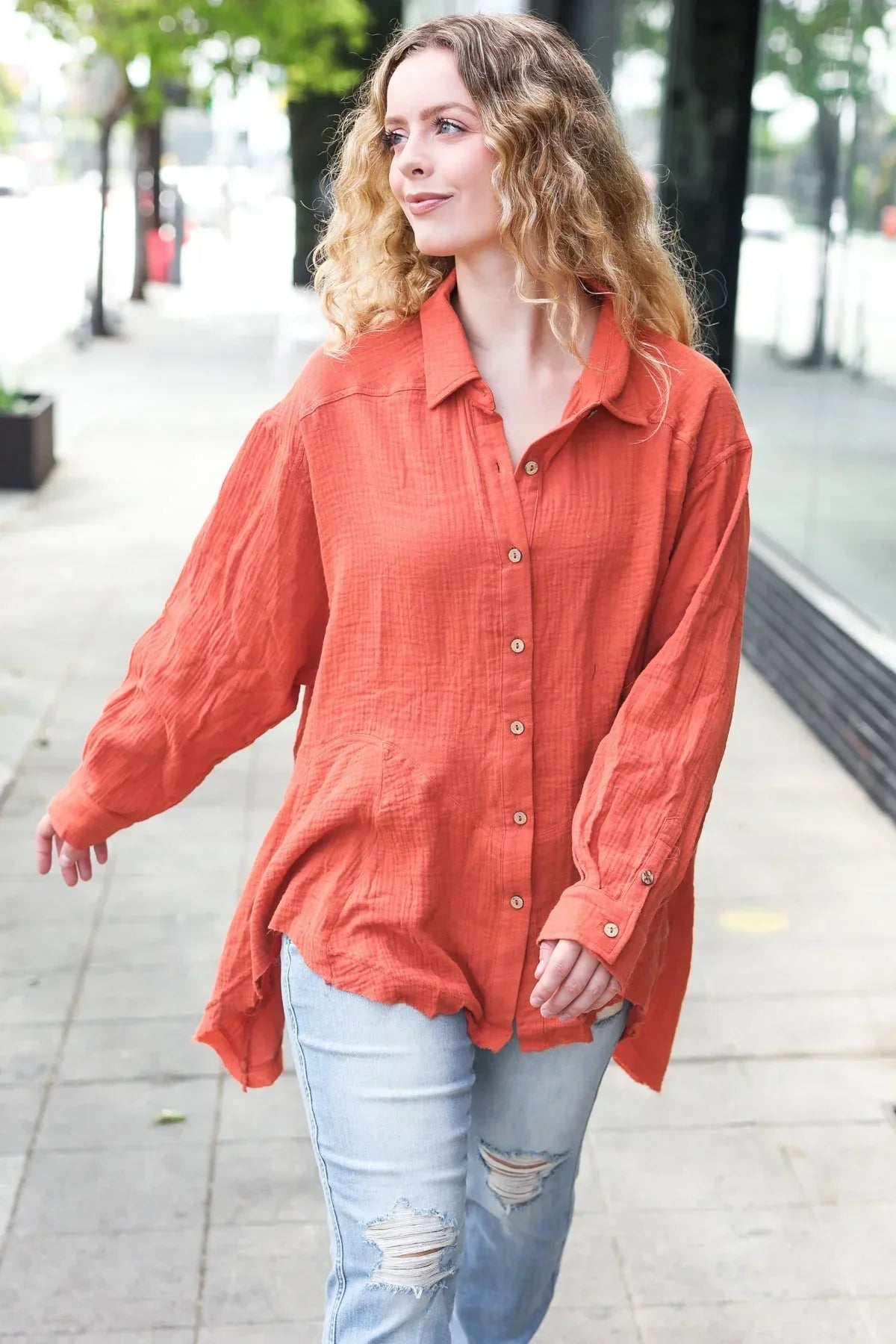 Everyday Rust Button Down Sharkbite Cotton Tunic Top - DAVERRI FASHIONS