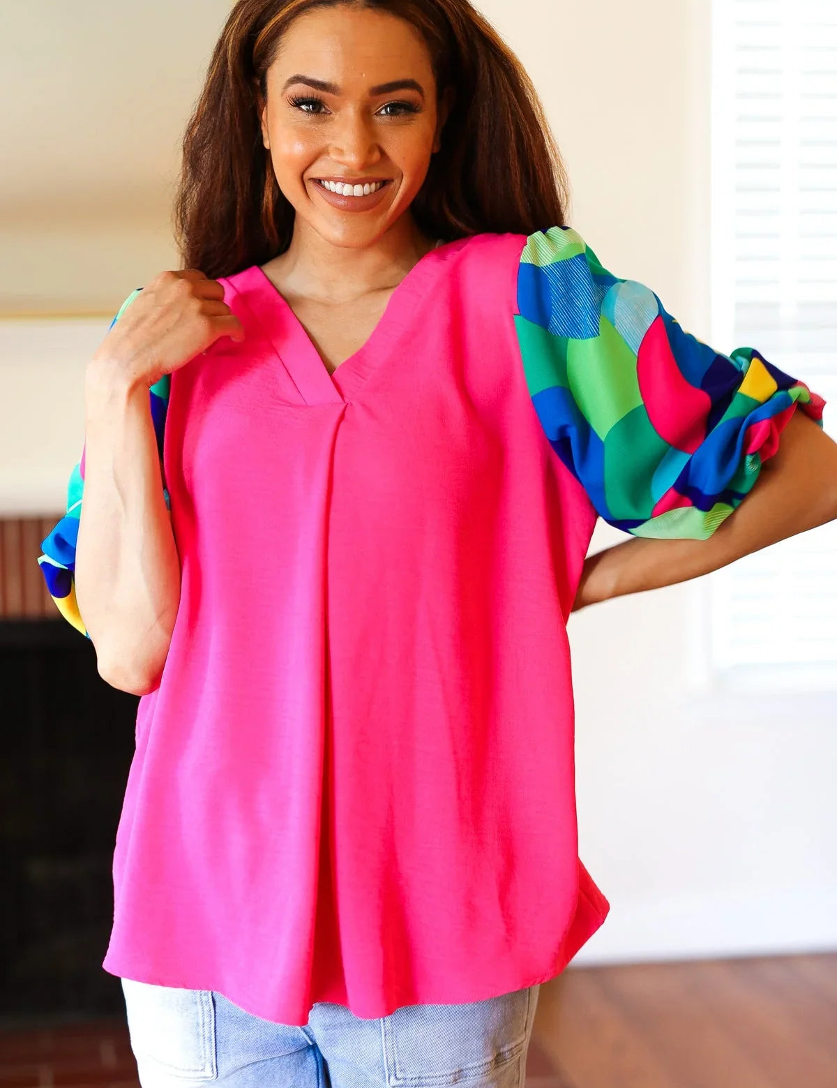Tell Your Story Fuchsia Geo Print Puff Sleeve V Neck Top | 07-01-25 Summer Sale Daverri Fashions