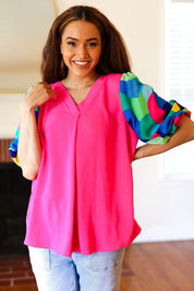 Tell Your Story Fuchsia Geo Print Puff Sleeve V Neck Top | 07-01-25 Summer Sale Daverri Fashions