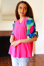 Tell Your Story Fuchsia Geo Print Puff Sleeve V Neck Top | 07-01-25 Summer Sale Daverri Fashions