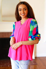 Tell Your Story Fuchsia Geo Print Puff Sleeve V Neck Top | 07-01-25 Summer Sale Daverri Fashions