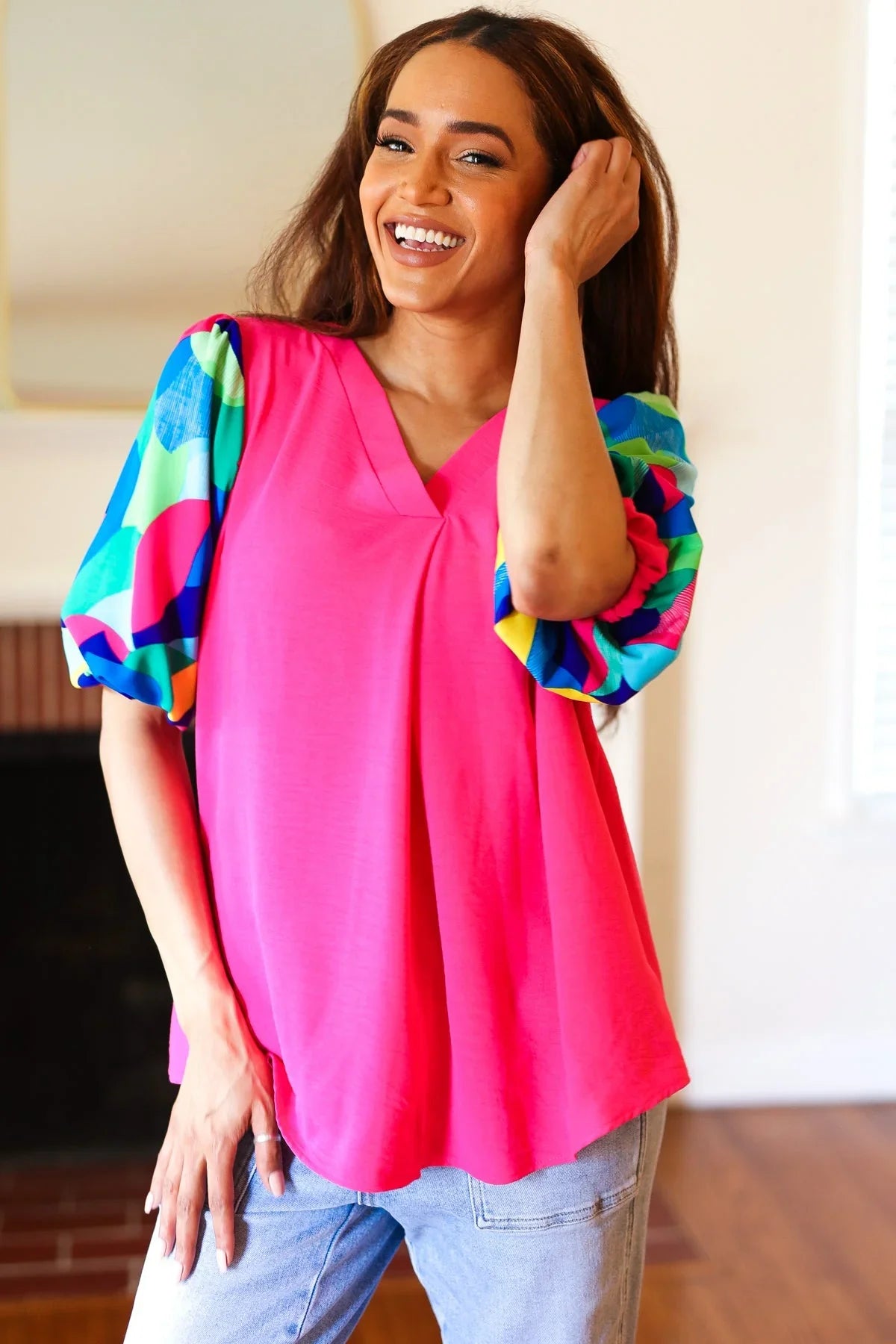 Tell Your Story Fuchsia Geo Print Puff Sleeve V Neck Top | 07-01-25 Summer Sale Daverri Fashions