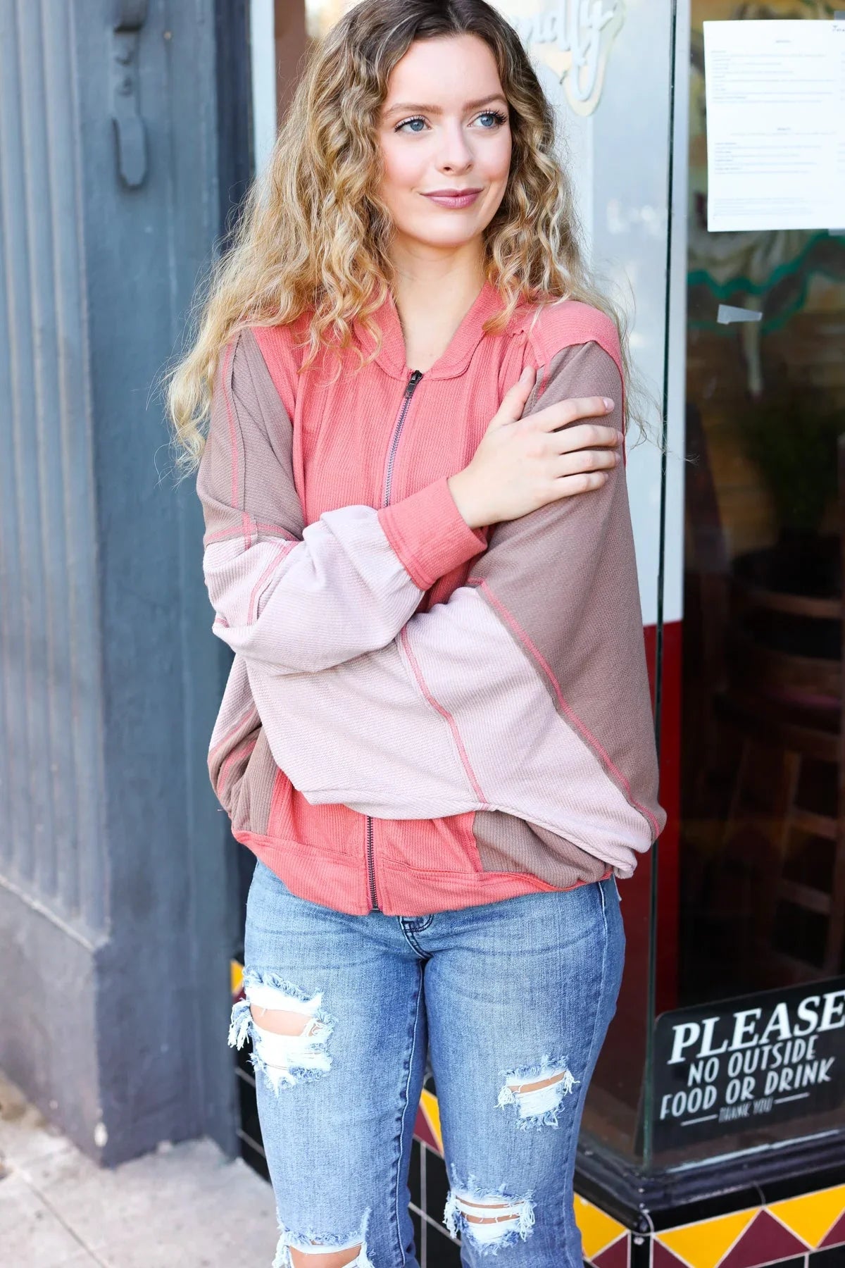 Boldy You Camel Dolman Sleeve Colorblock Knit Bomber Jacket | Daverri Fashions