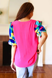 Tell Your Story Fuchsia Geo Print Puff Sleeve V Neck Top | 07-01-25 Summer Sale Daverri Fashions