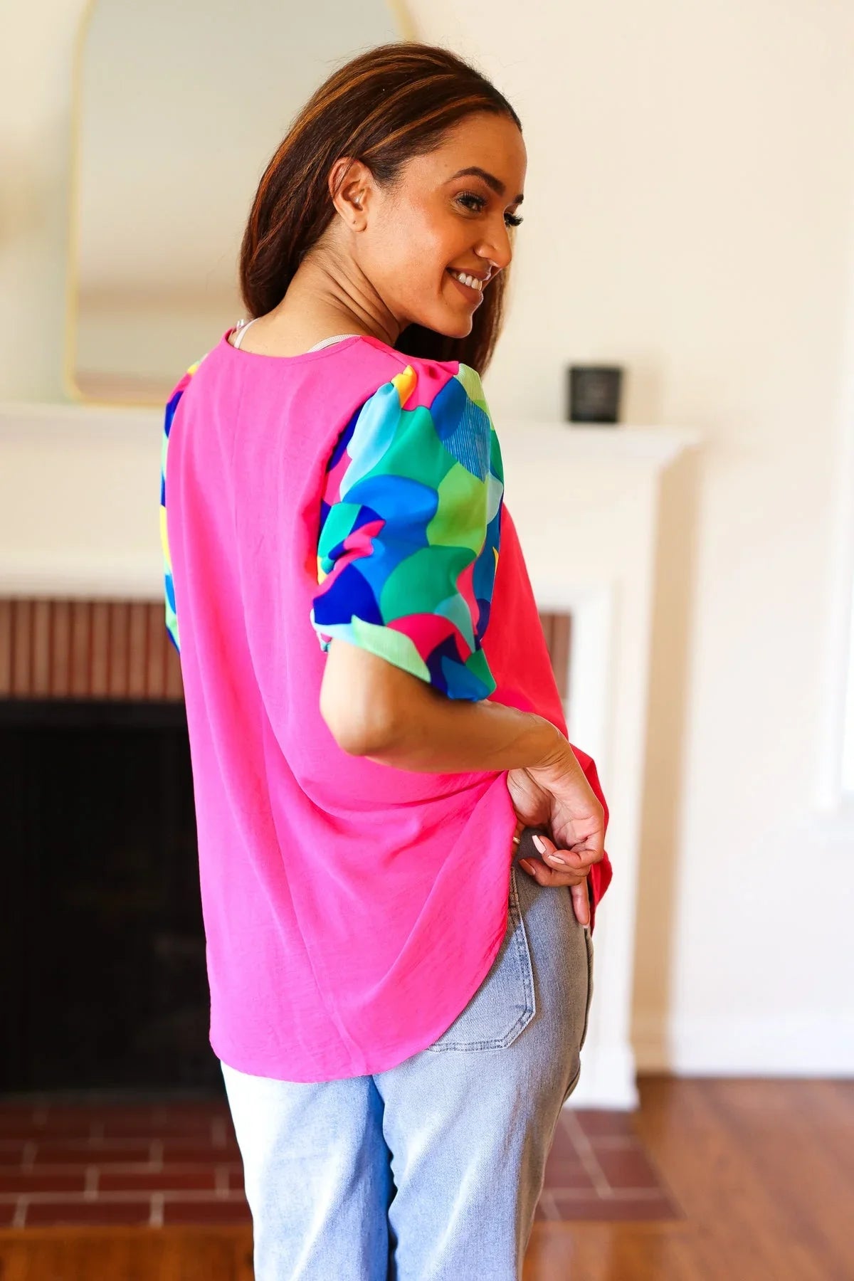 Tell Your Story Fuchsia Geo Print Puff Sleeve V Neck Top | 07-01-25 Summer Sale Daverri Fashions