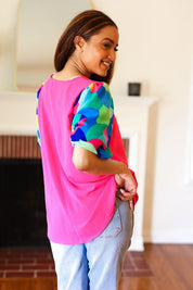 Tell Your Story Fuchsia Geo Print Puff Sleeve V Neck Top | 07-01-25 Summer Sale Daverri Fashions