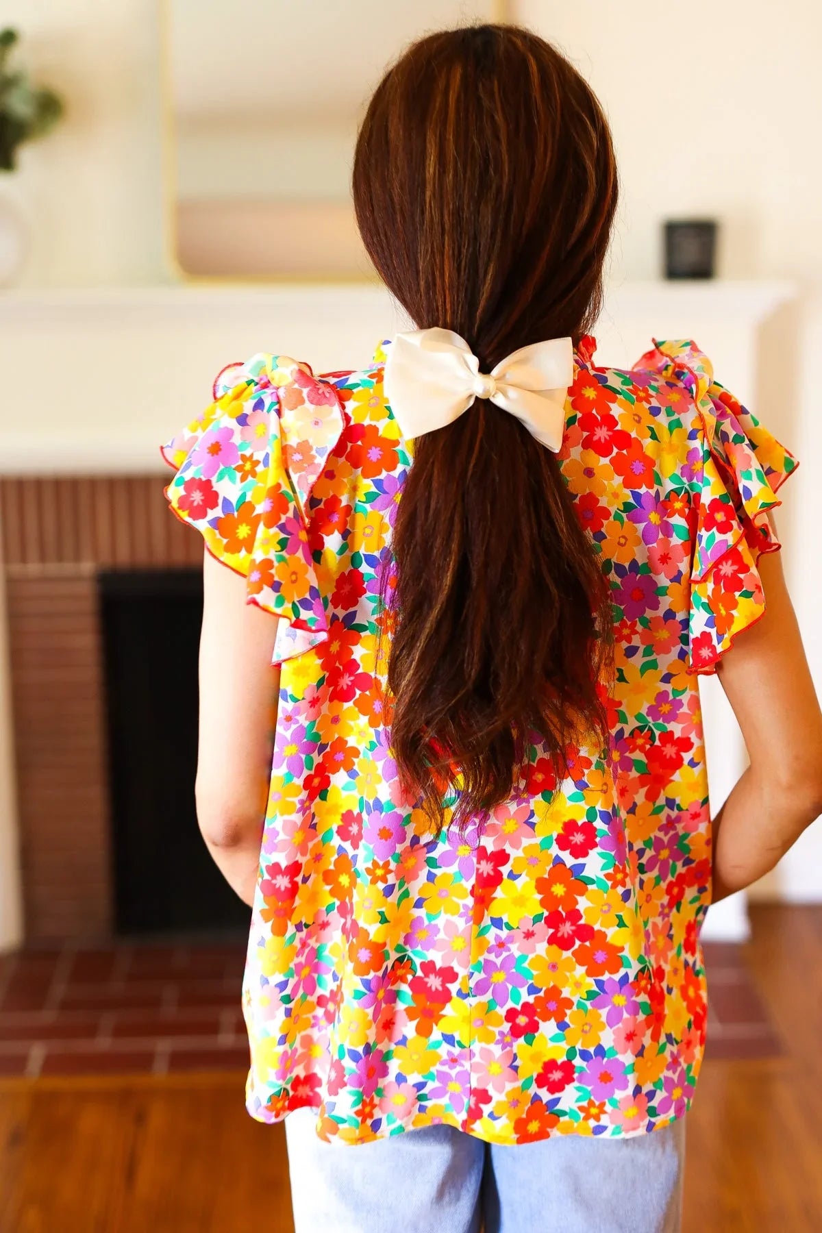 Flower Power Ivory & Red Floral Mock Neck Flutter Sleeve Top | Daverri Fashions