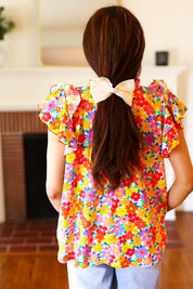 Flower Power Ivory & Red Floral Mock Neck Flutter Sleeve Top | Daverri Fashions