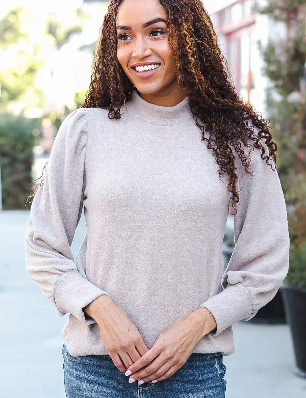 Stay Awhile Taupe Brushed Melange Puff Short Sleeve Sweater | 2024 Blow-Out Sale Daverri Fashions