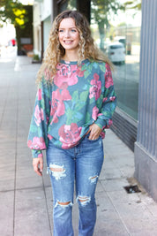 Everyday Hunter Green Floral Brushed Hacci Sweater Top | Daverri Fashions