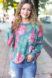 Everyday Hunter Green Floral Brushed Hacci Sweater Top | Daverri Fashions