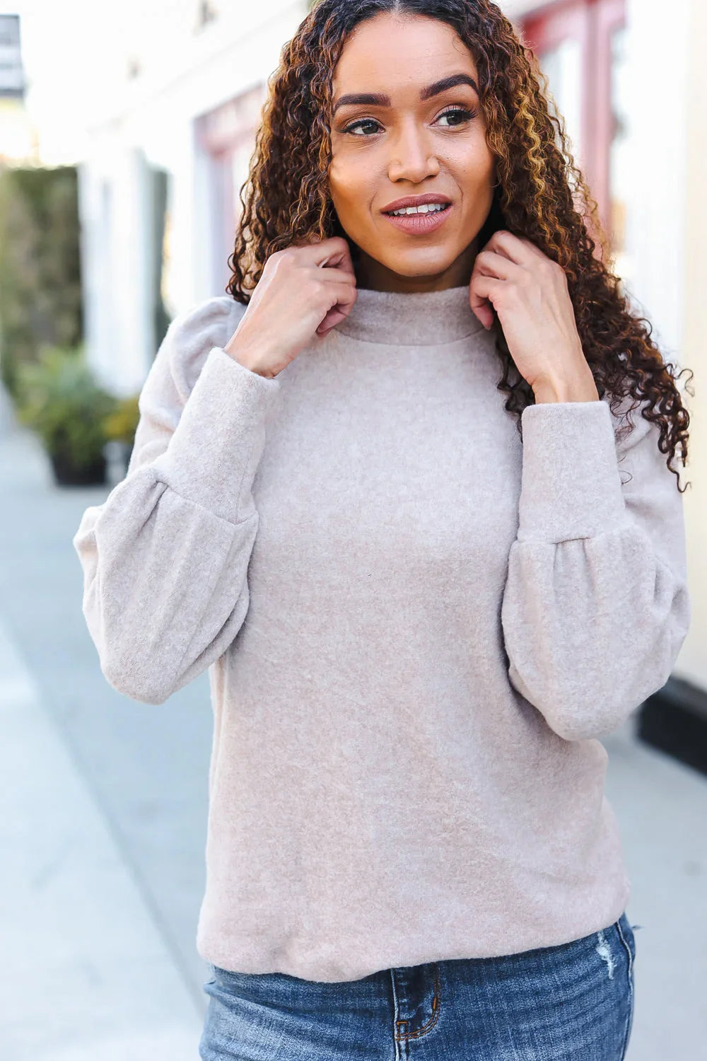 Stay Awhile Taupe Brushed Melange Puff Short Sleeve Sweater | 2024 Blow-Out Sale Daverri Fashions