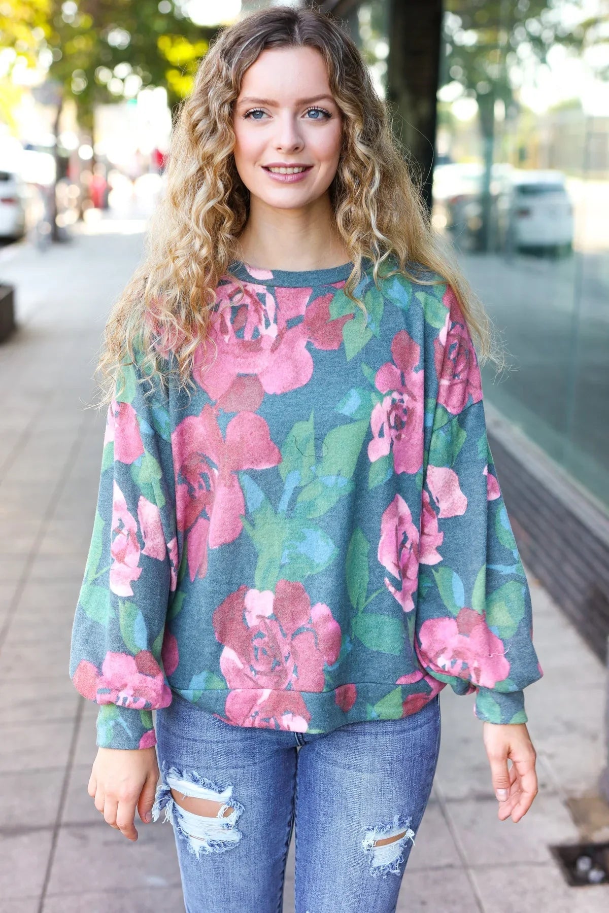 Everyday Hunter Green Floral Brushed Hacci Sweater Top | Daverri Fashions