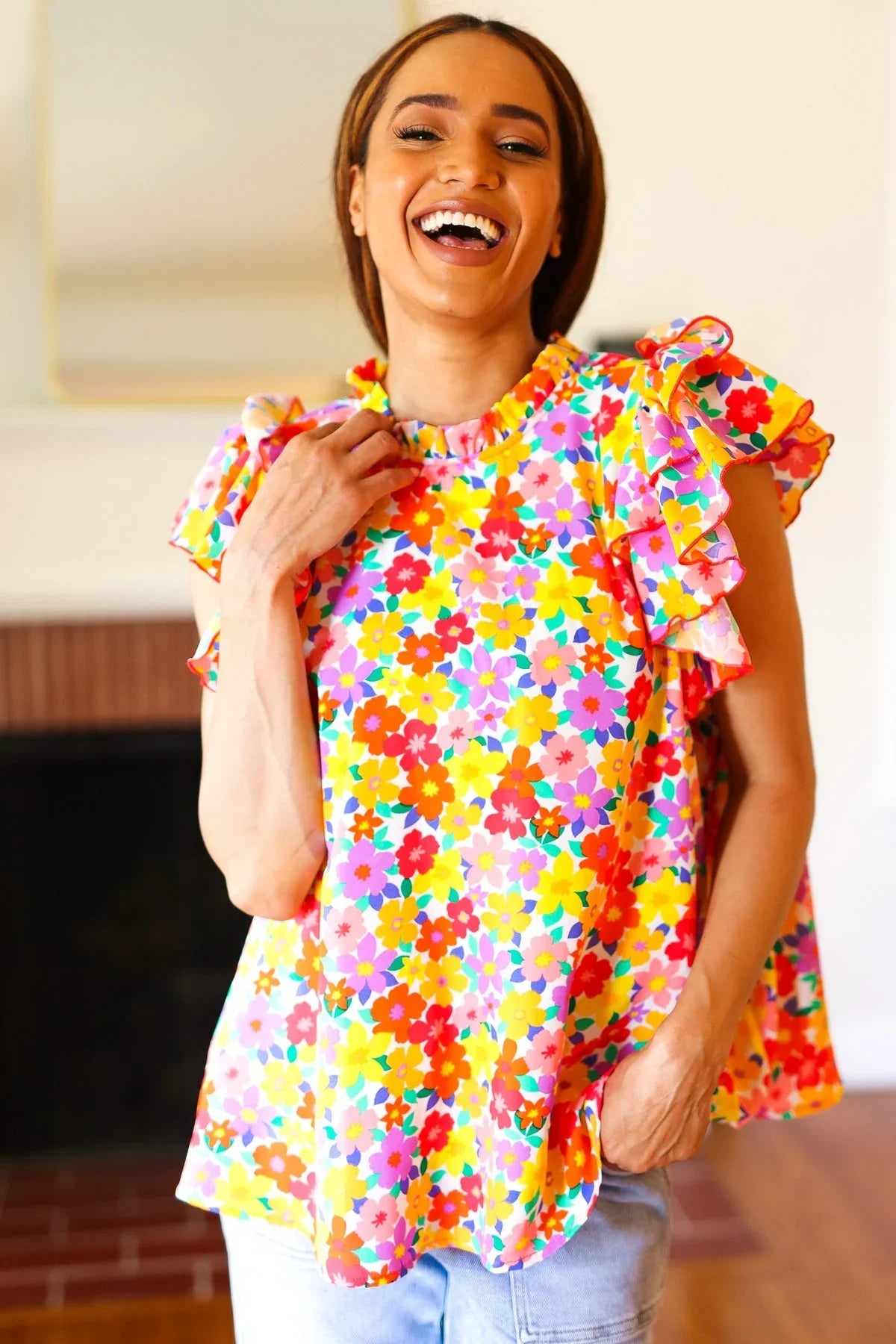 Flower Power Ivory & Red Floral Mock Neck Flutter Sleeve Top | Daverri Fashions