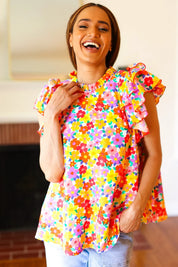 Flower Power Ivory & Red Floral Mock Neck Flutter Sleeve Top | Daverri Fashions