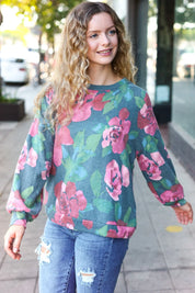 Everyday Hunter Green Floral Brushed Hacci Sweater Top | Daverri Fashions