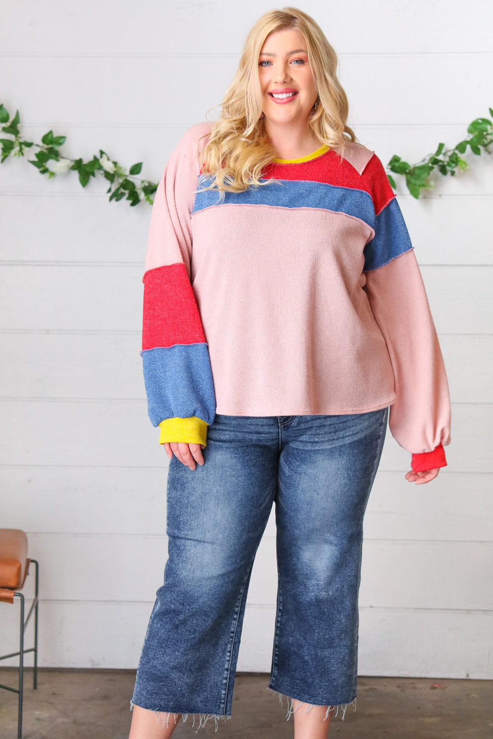 Pink thermal corded colorblock outseam top with pastel pink, red, blue blocks and yellow trim