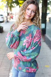 Everyday Hunter Green Floral Brushed Hacci Sweater Top | Daverri Fashions