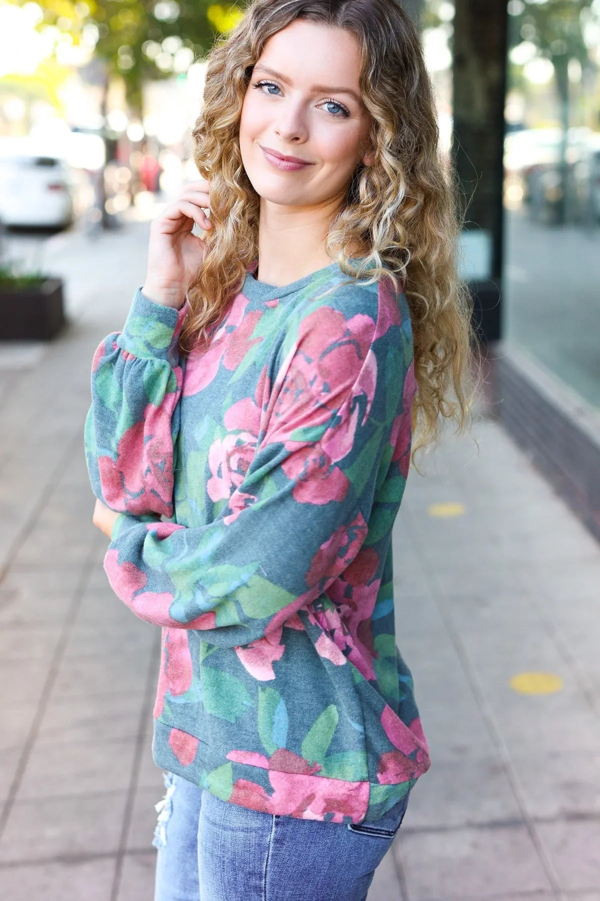 Everyday Hunter Green Floral Brushed Hacci Sweater Top | Daverri Fashions