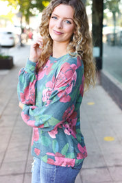 Everyday Hunter Green Floral Brushed Hacci Sweater Top | Daverri Fashions