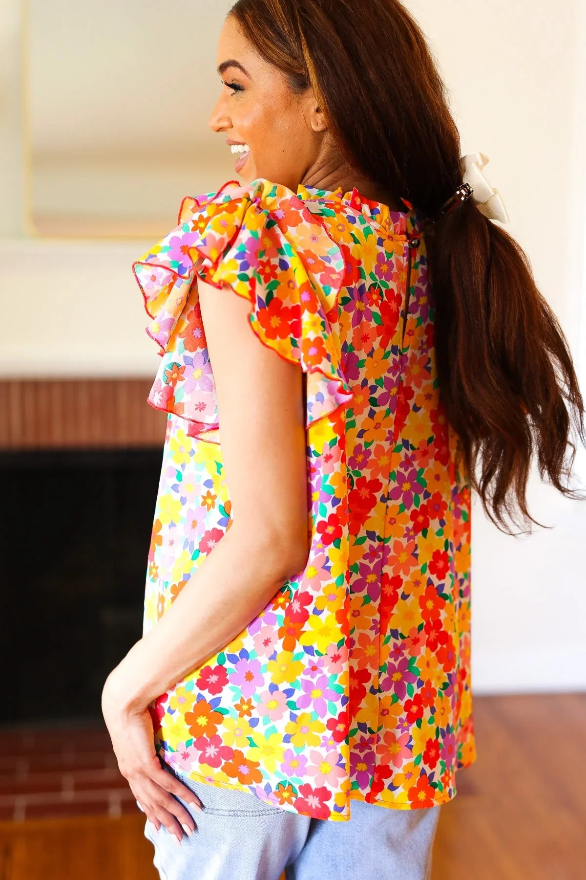 Flower Power Ivory & Red Floral Mock Neck Flutter Sleeve Top | Daverri Fashions