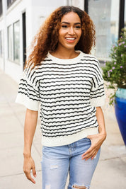 You've Got This Ivory & Black Wavy Stripe Pattern Sweater Top | Daverri Fashions