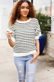 You've Got This Ivory & Black Wavy Stripe Pattern Sweater Top | Daverri Fashions