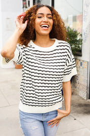 You've Got This Ivory & Black Wavy Stripe Pattern Sweater Top | Daverri Fashions