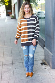Camel & Charcoal Striped Color Block Sweater | Daverri Fashions
