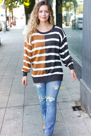 Camel & Charcoal Striped Color Block Sweater | Daverri Fashions
