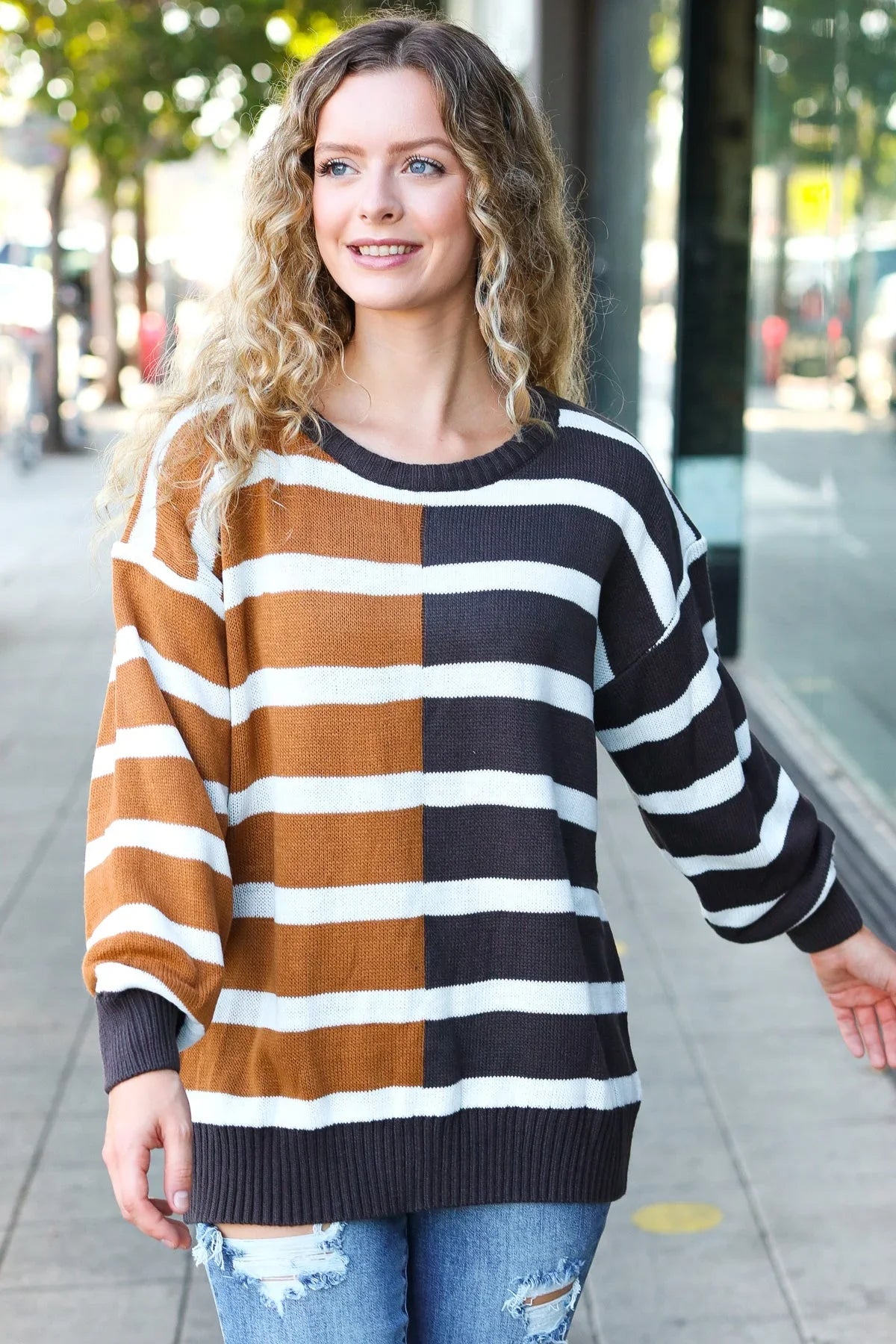 Camel & Charcoal Striped Color Block Sweater | Daverri Fashions
